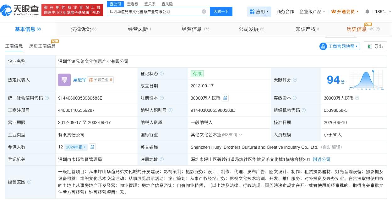 华谊兄弟退出名下文化创意产业公司
天眼查App显示，近日，深圳华谊兄弟文化创意产