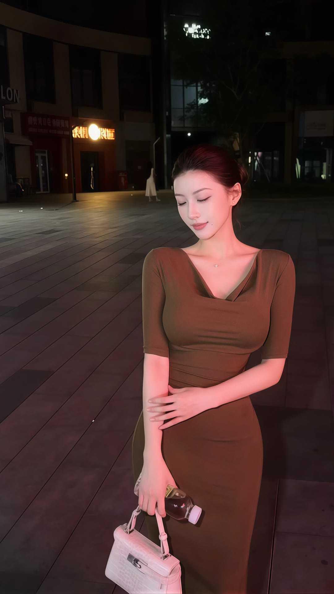 焦糖咖包臀裙，解锁成熟姐姐氛围感。夜色街头氛围感穿搭分享，低领荡领中袖咖色长裙太