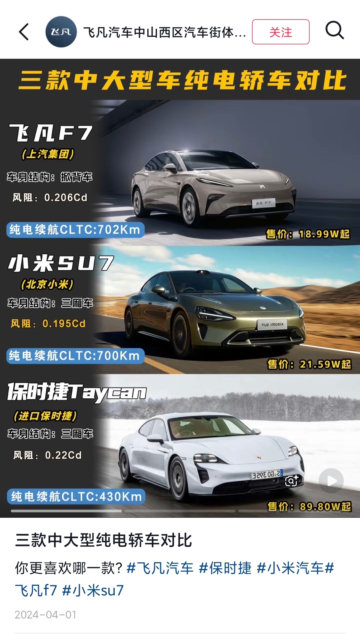 你们还记得上汽飞凡 F7 么 ？2024 年 3 月 38 日第一代小米 SU7
