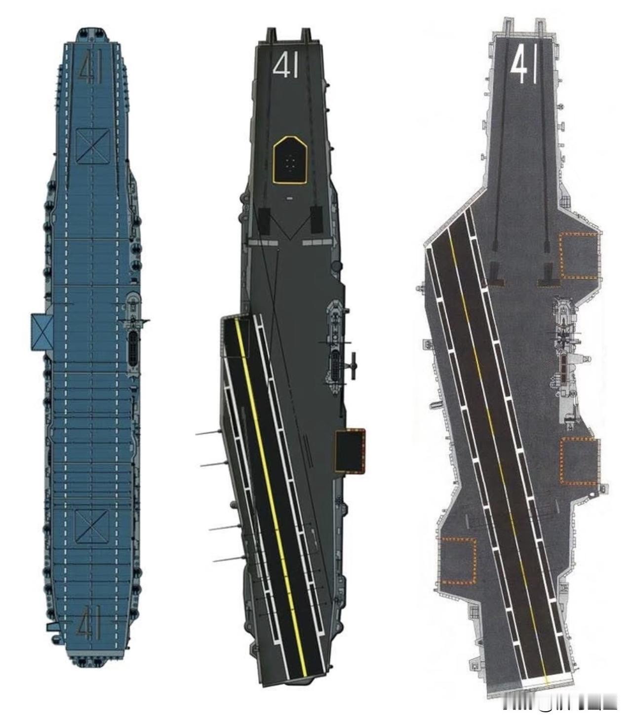 本图展示的是美国CV-41“中途岛”号航空母舰不同时期的甲板布局，对应它服役生涯