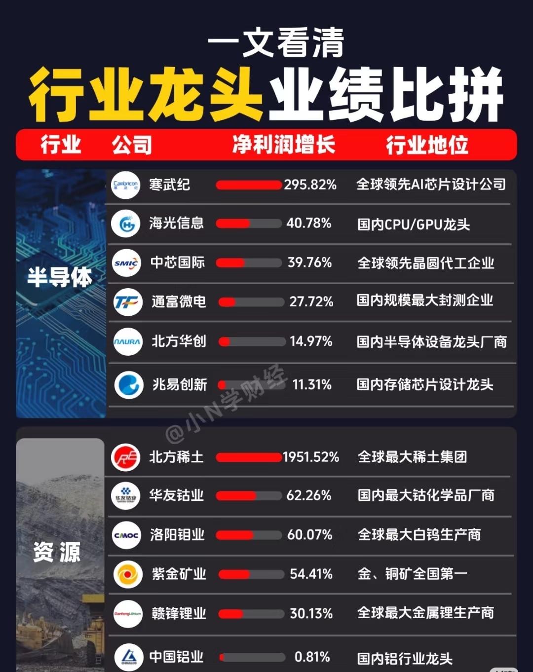 “行业龙头业绩比拼”

一、半导体与资源行业

半导体行业：

- 寒武纪：净利