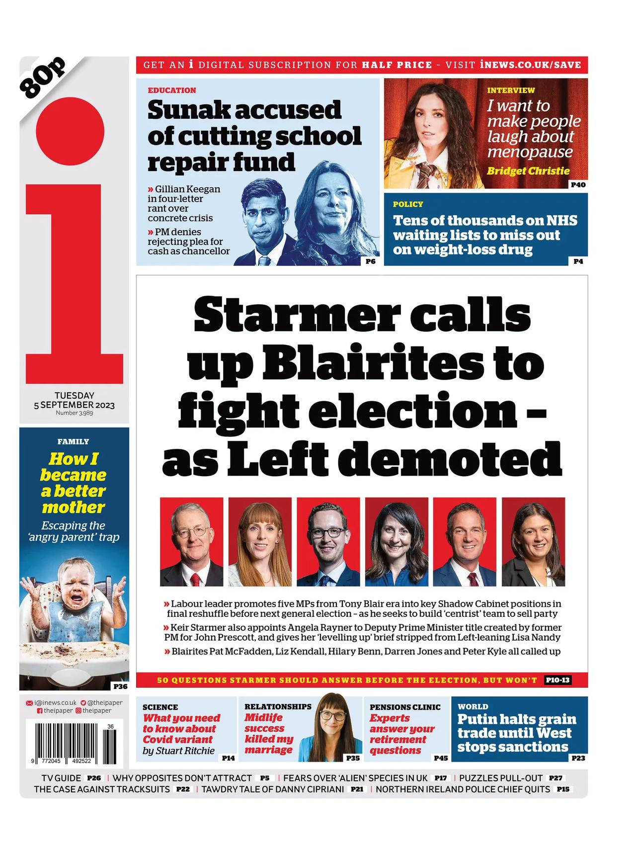  《i》报道，英国主要反对党工党领袖斯塔莫进行影子内阁改组，将左派成员降职，同时