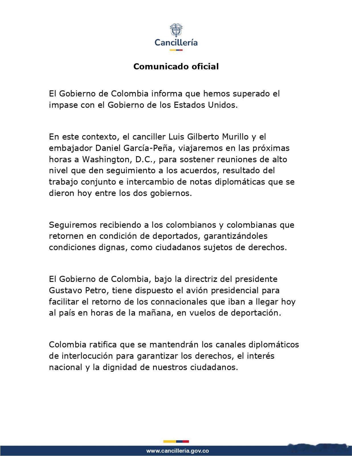 最新消息：这是官方消息。 哥伦比亚确认已与美国达成协议，并宣布其外交部长将在未来