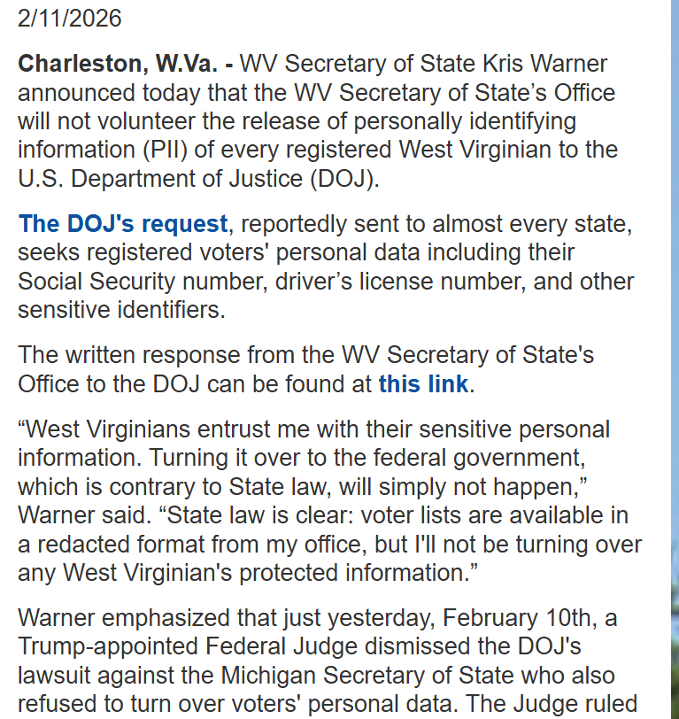 就连共和党占优势的州也告诉特朗普政府，他们不会交出选民登记名单。最新一个表示反对