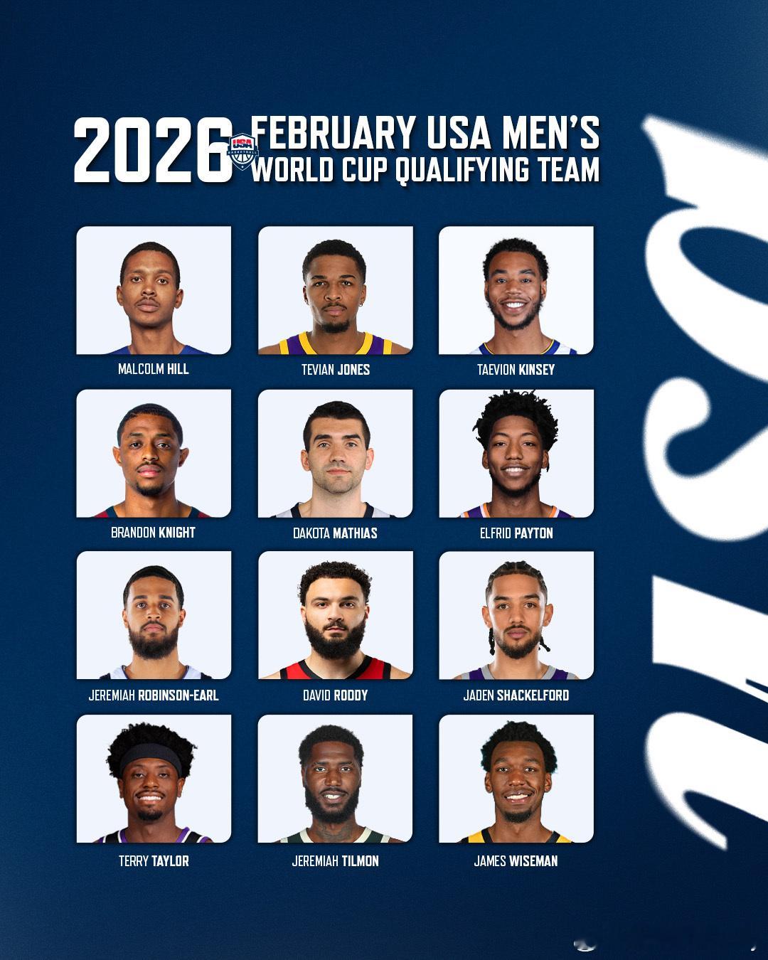 2026年2月美国男篮世界杯预选赛阵容。怀斯曼、布兰登奈特、埃尔弗里德佩顿领衔。
