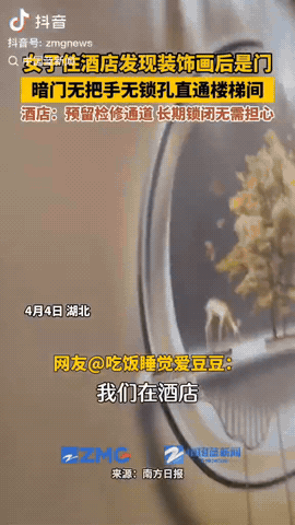 湖北，一女子住酒店发现房间中间有一幅画，没想到她掀开画一看，后面还有一道门,女子