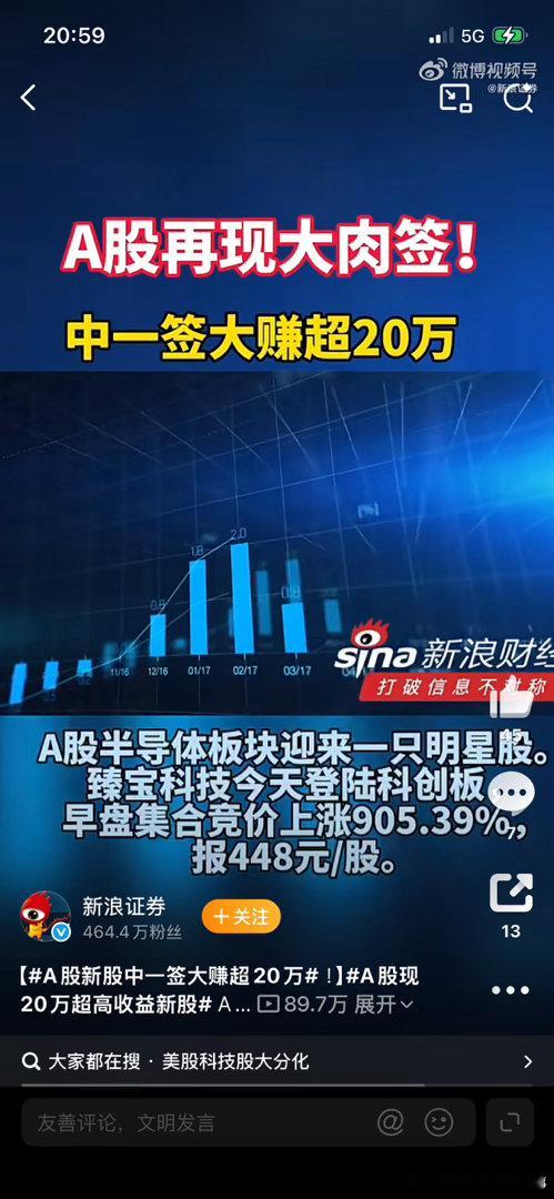A股新股中一签大赚20万“A股又炸出个‘财富神话’！臻宝科技上市开盘暴涨905%