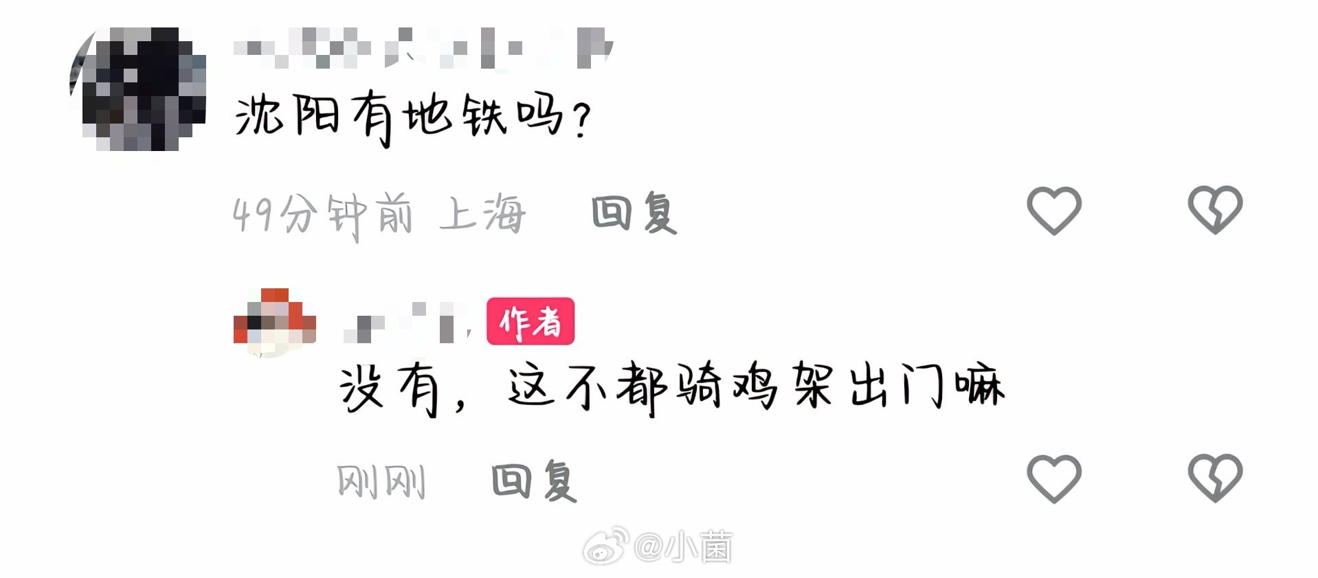 一位网友问：沈阳有地铁吗？作者回答： 没有，这不都骑鸡架出门嘛