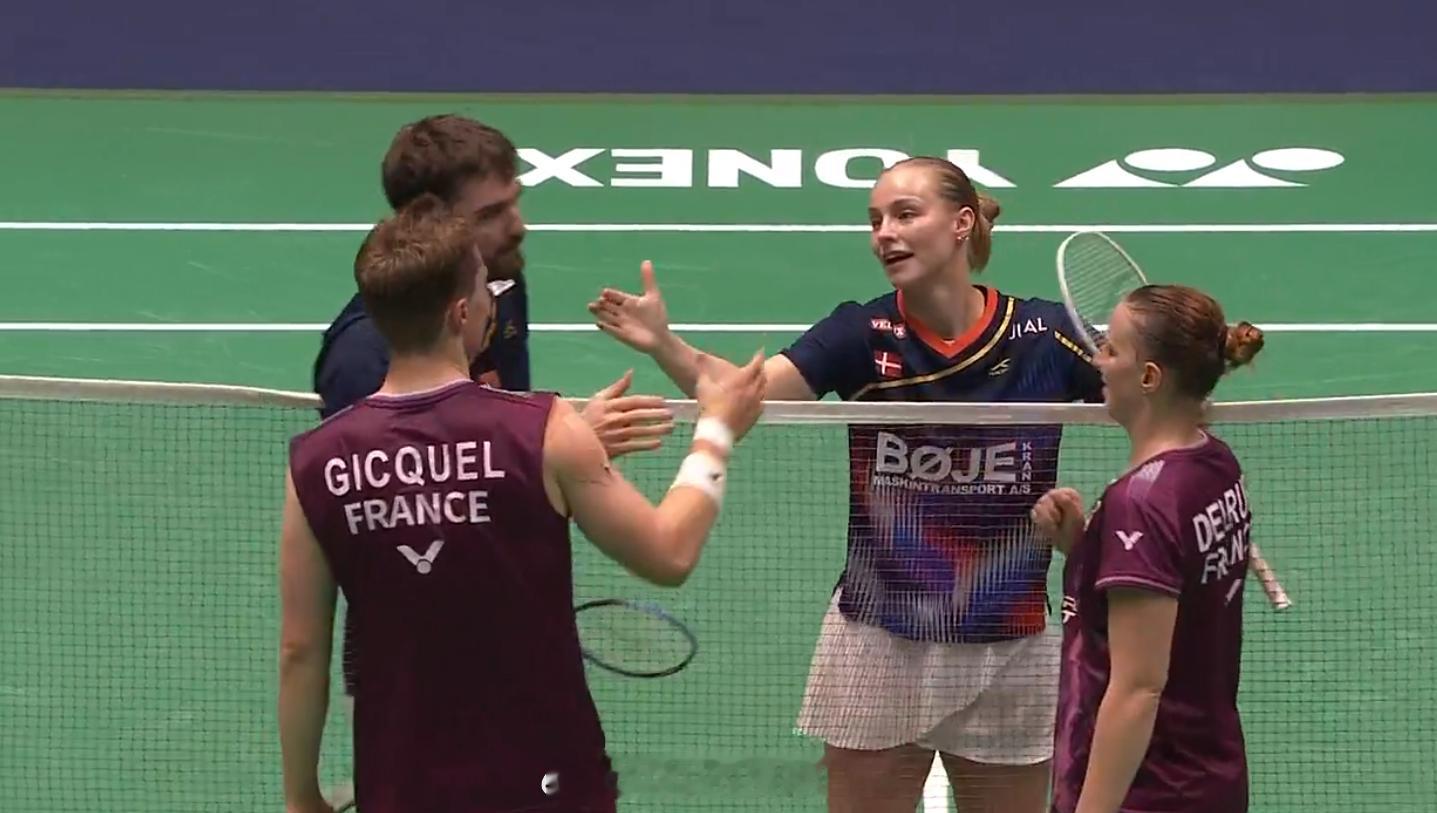 混双 1/4赛 马蒂亚斯 博尔 21-16 21-18 吉凯尔(5) 德尔吕20