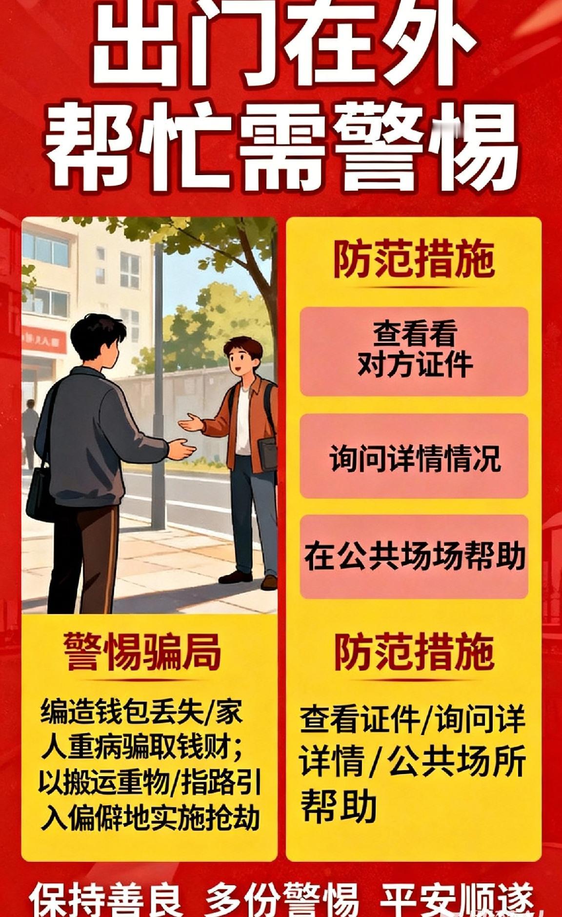 出门在外，帮忙需警惕

出门在外，我们都希望能传递善意，遇到他人求助时，伸出援手