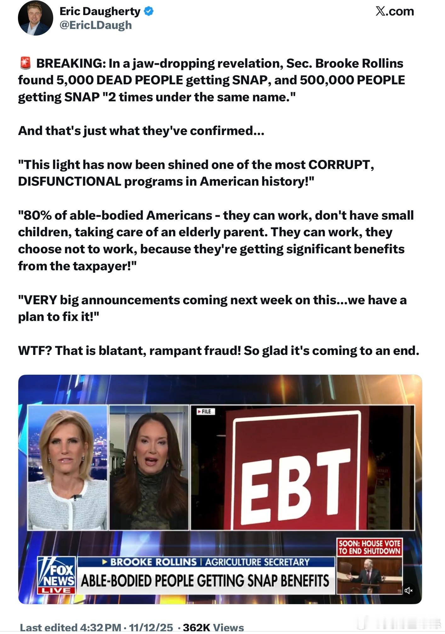 令人震驚的是，農業部部長布魯克·羅林斯發現有5000名已故人士仍然領取了糧食券（