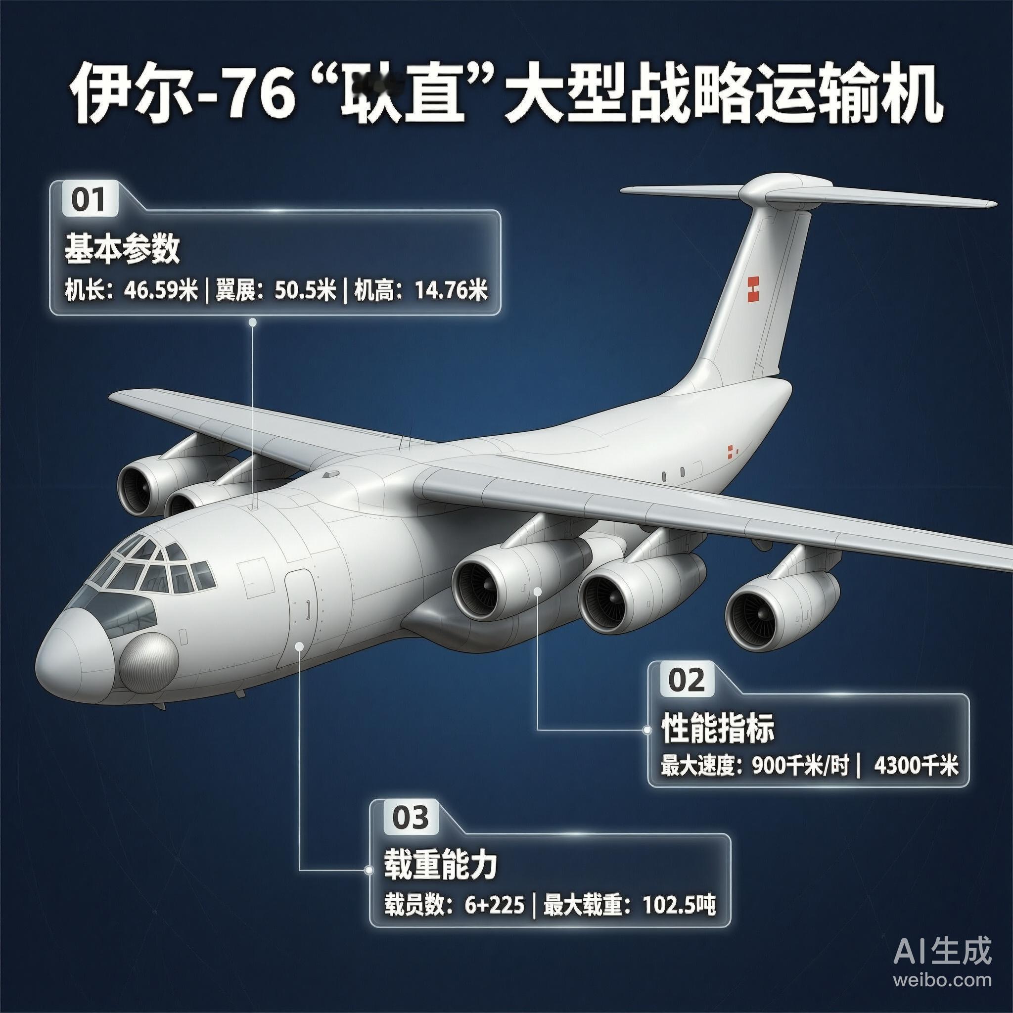 军事ai新视野 伊尔-76“耿直”运输机［苏］机长：46.59米翼展：50.5米