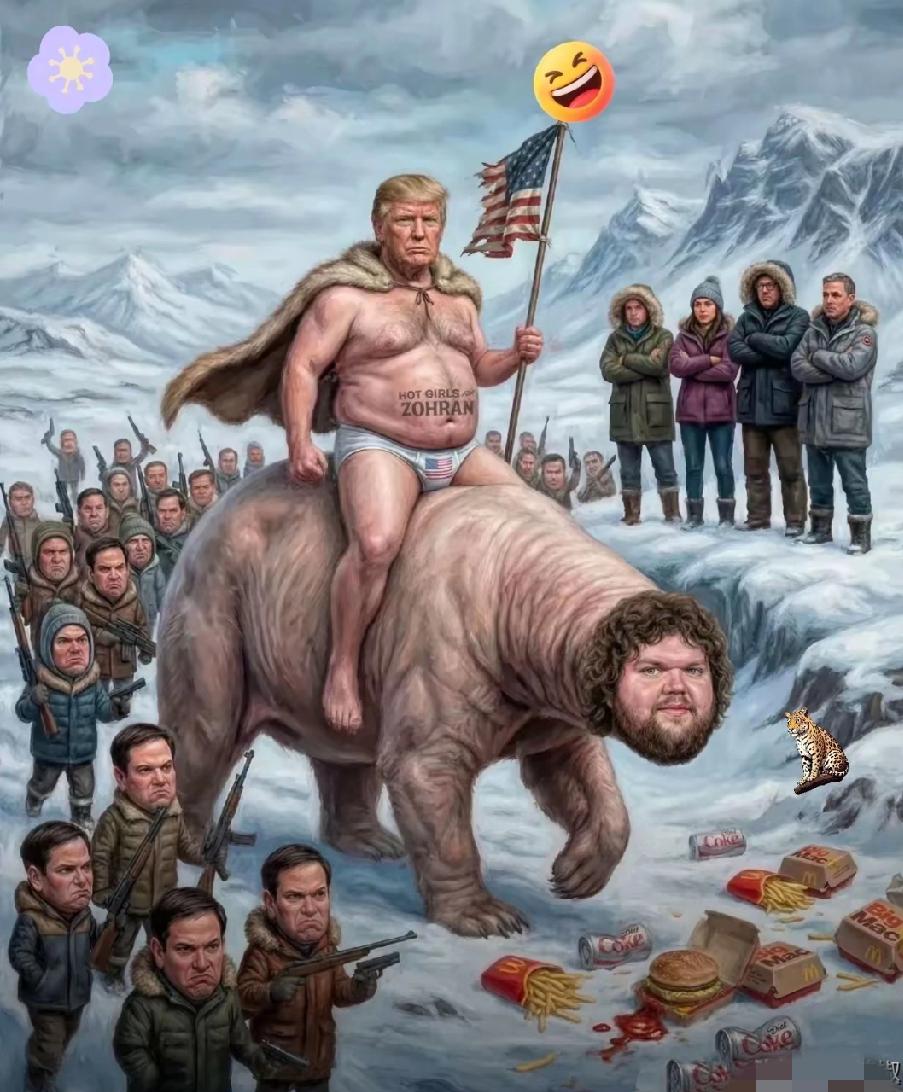 一张漫画，把外网给引爆了。
画风很“帝国”，
特朗普骑着高头大马，身后旌旗蔽日，