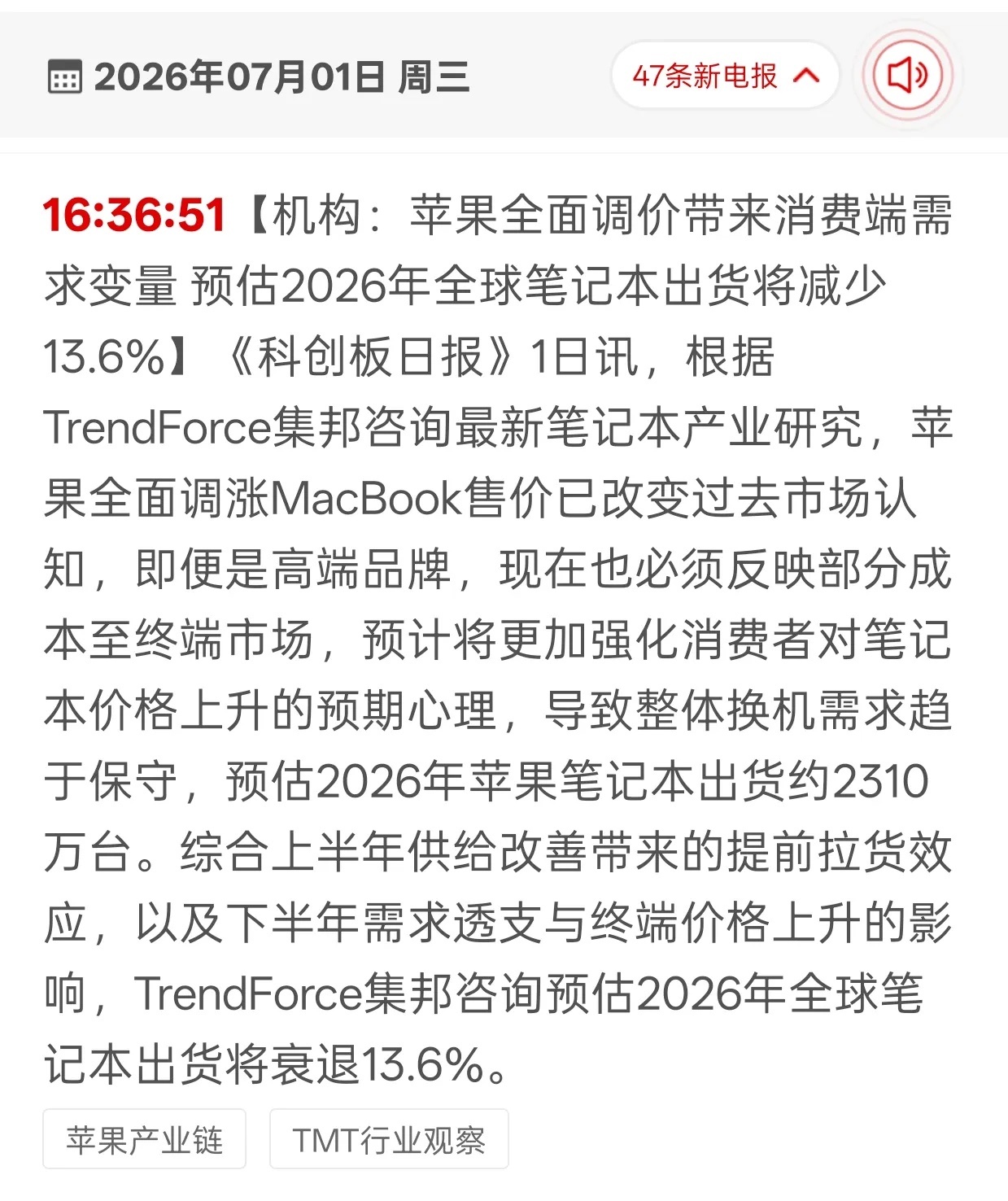 利空落地！苹果涨价拖累需求，今年笔记本出货大跌13.6%7月1日机构集邦咨询发布