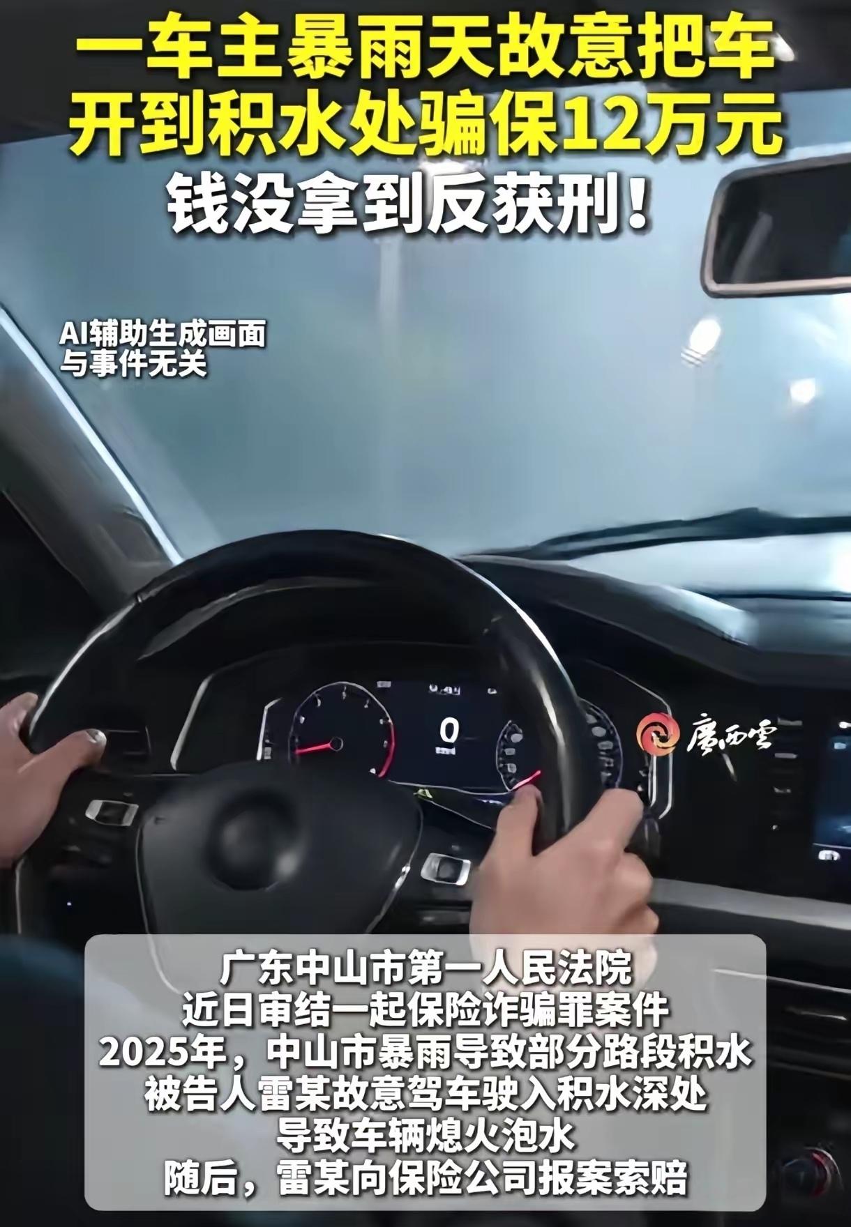 男子暴雨天故意驾车驶入积水路段骗取保险金12万元，保险公司核查后报警，当事人退回
