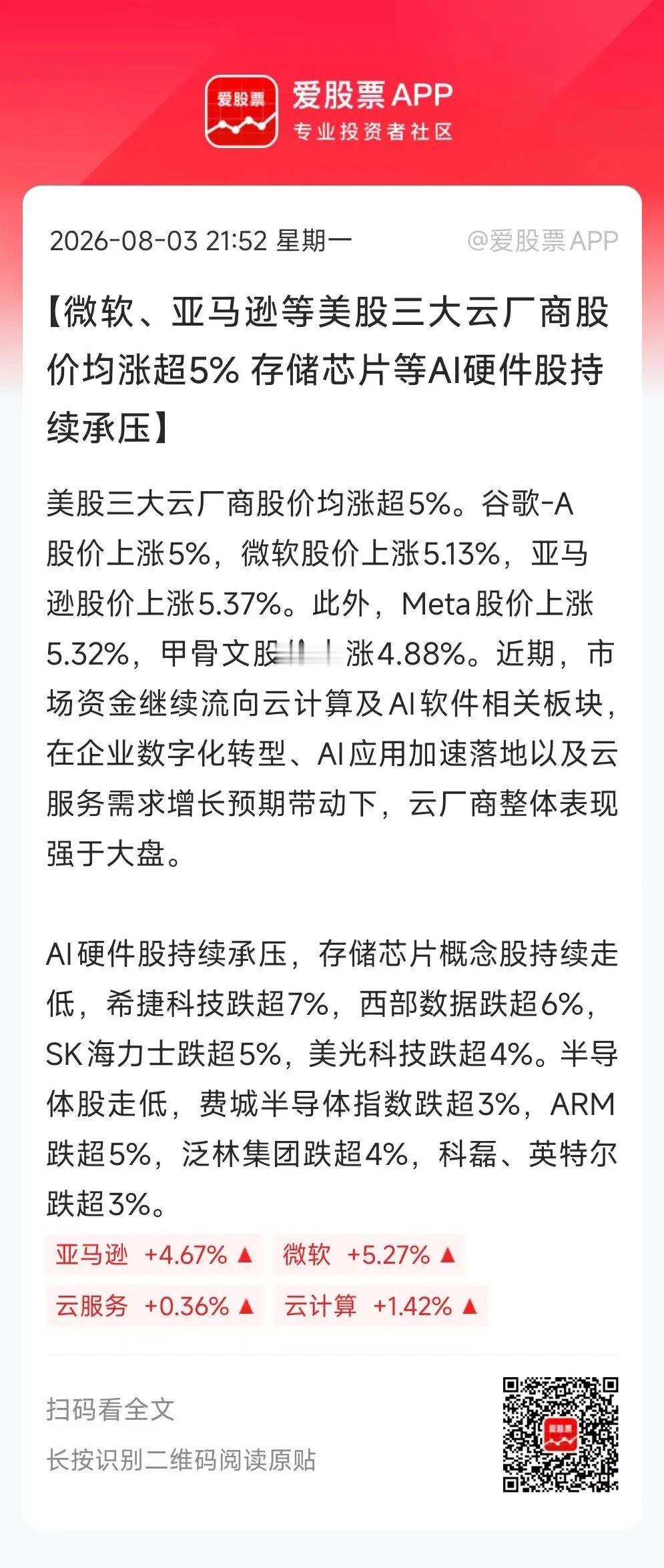 美股美光、SK海力士天天大跌，英伟达也拖后腿。但谷歌、微软、亚马逊股价狂飙，苹果