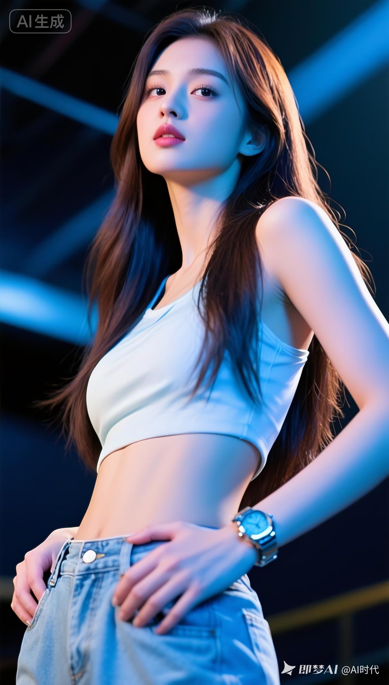 网红女棕黑长直及腰，现代嘻哈街头装，暗调环境里仰视倾斜构图。冷暖光交织发丝光，光