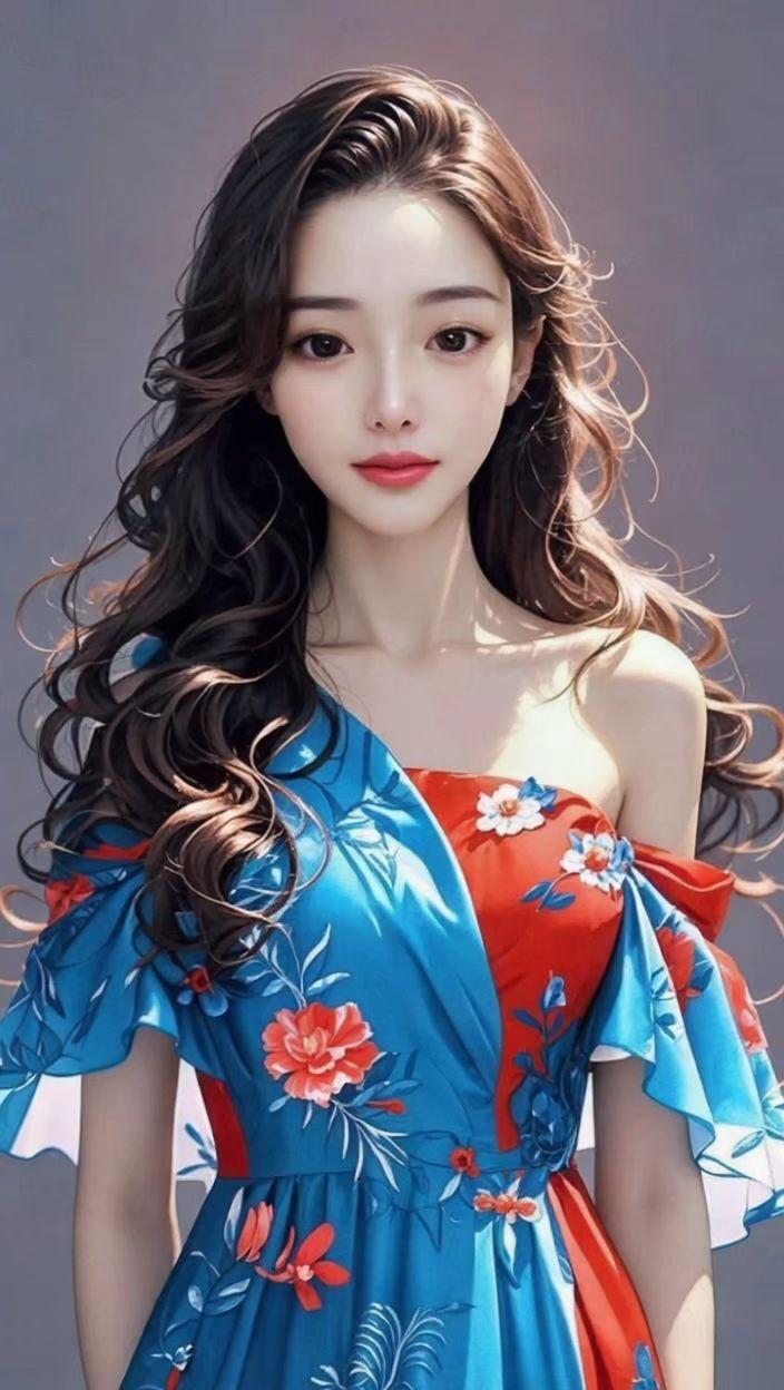 卷发如波泻玉肩，红蓝相映缀花鲜。 裙裾似有香风动，疑是仙娥落世间 ！ ！