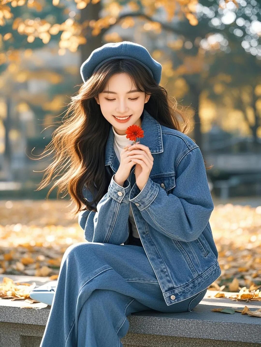 美丽的邂逅#与你相遇#美女配秋景# 牛仔时尚穿搭