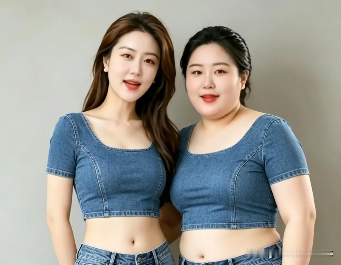 街角邂逅两位身着牛仔蓝的姑娘，一位清瘦干练，一位微胖丰盈，竟都美得令人目不转睛。
