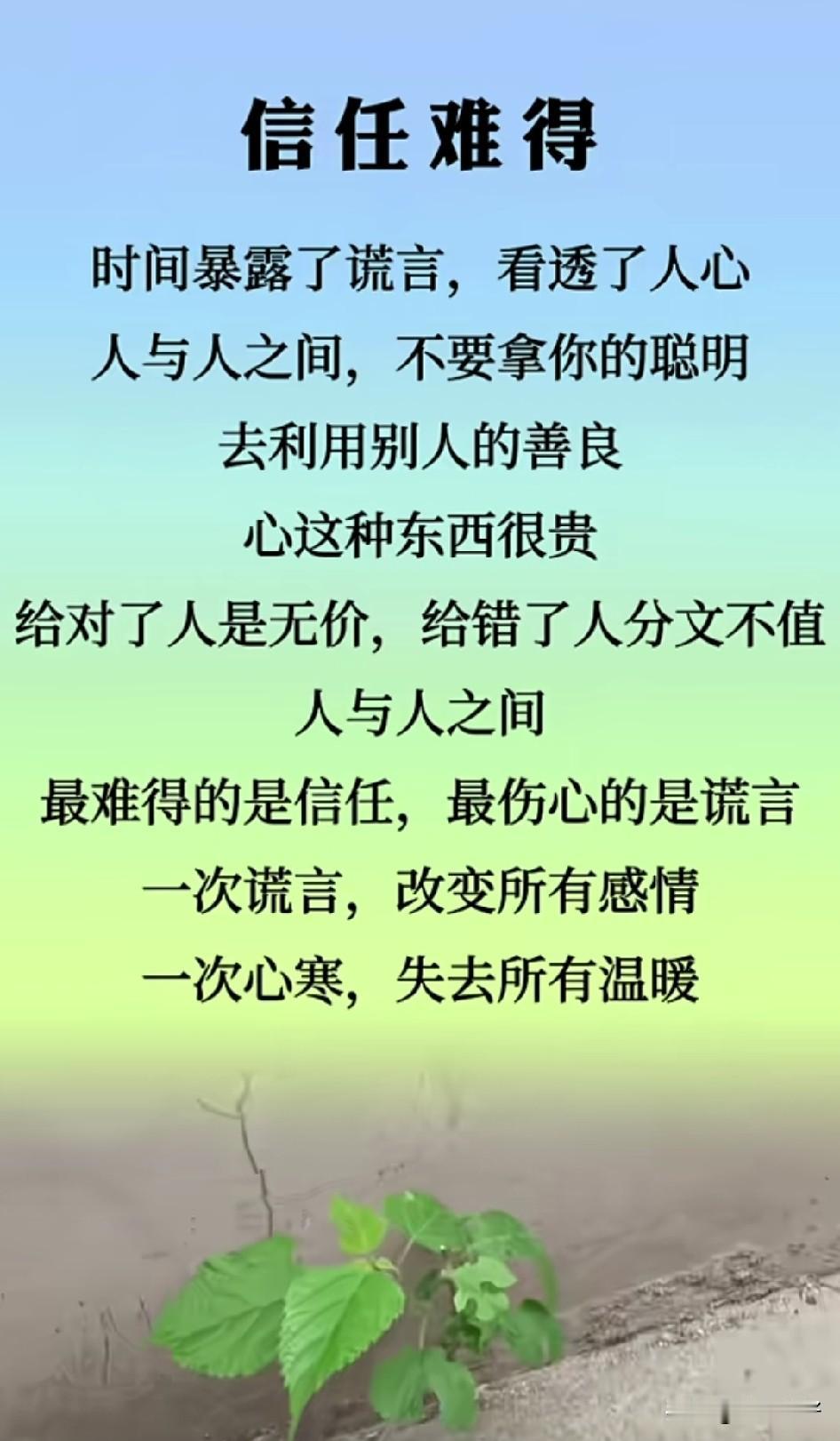 信任是人与人之间最珍贵的纽带，它看不见、摸不着，却比黄金更贵重，比钻石更坚硬。千