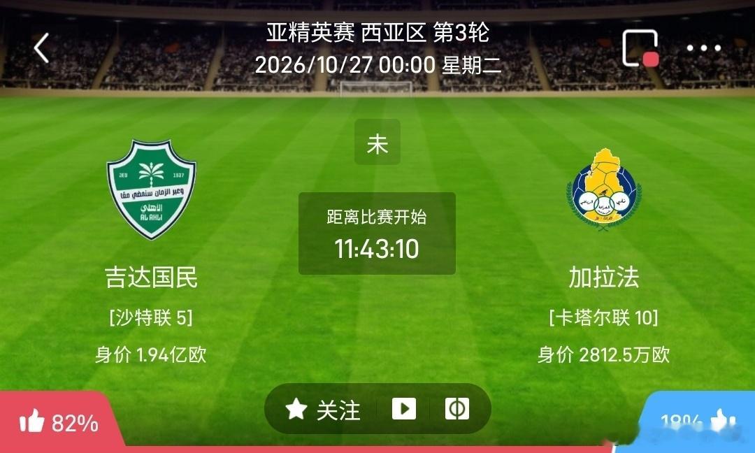 吉达国民vs加拉法 1️⃣吉达国民（沙特联5）利好：阵容身价优势巨大，进攻火力强