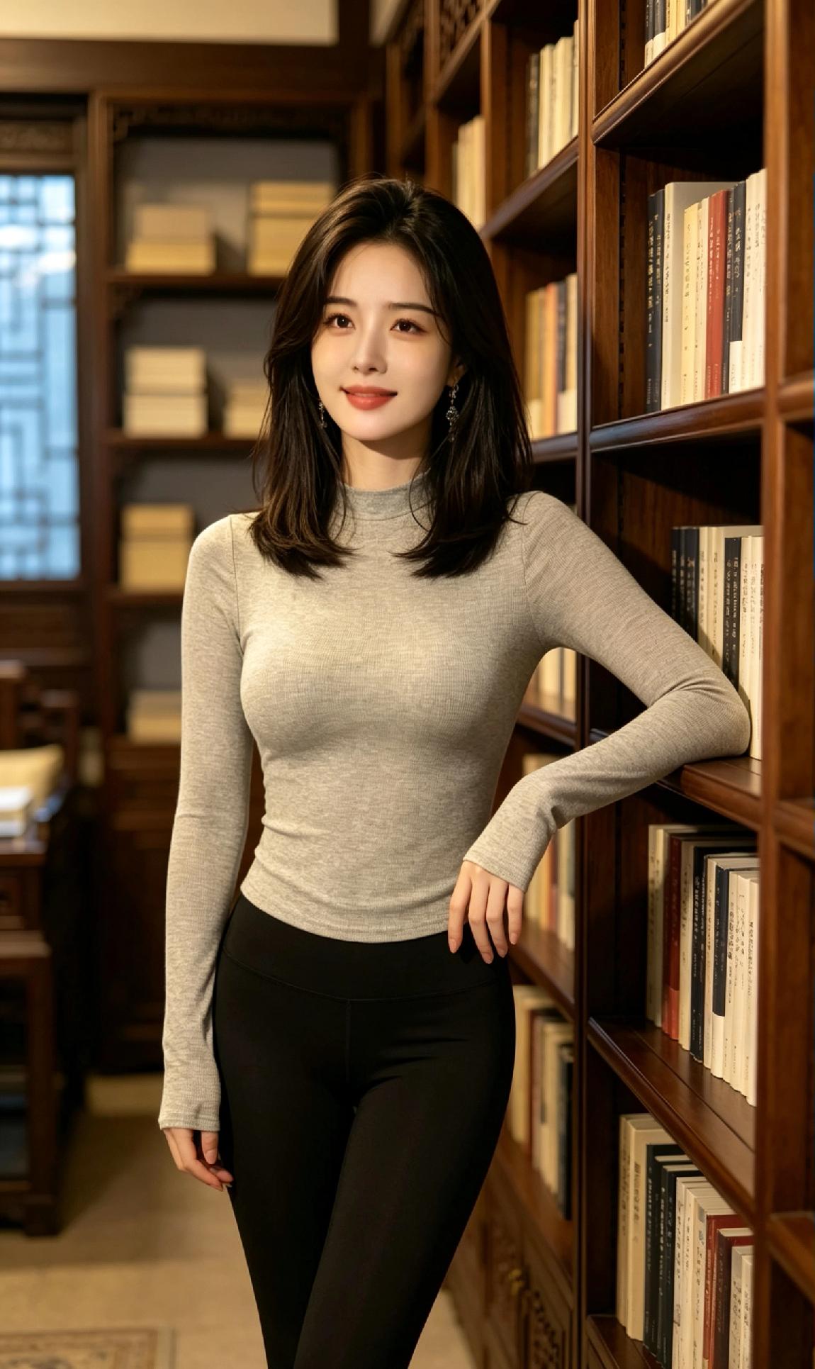 书香满溢，静待佳人。在这充满书卷气息的氛围里，如此穿搭，女生仿佛从书中走来的优雅