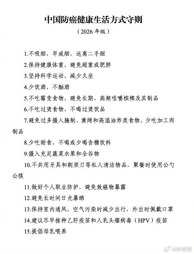 【#国家卫健委发布15条防癌生活守则#】4月15日—21日是第32个全国肿瘤防治