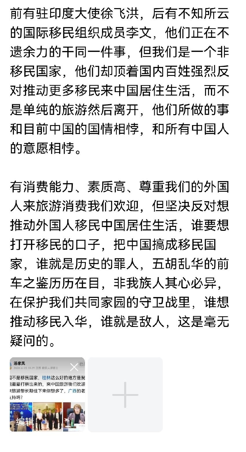 汤家凤的疑问谁来回答？我们不是移民国家，但某些人却一直致力于让更多外国人到中国定