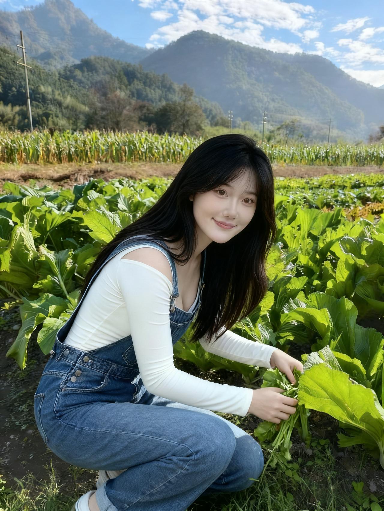 俯身蹲坐菜畦边，手撷新蔬带笑颜。
风过惊飞篱畔蝶，秋思跌碎绿波前。