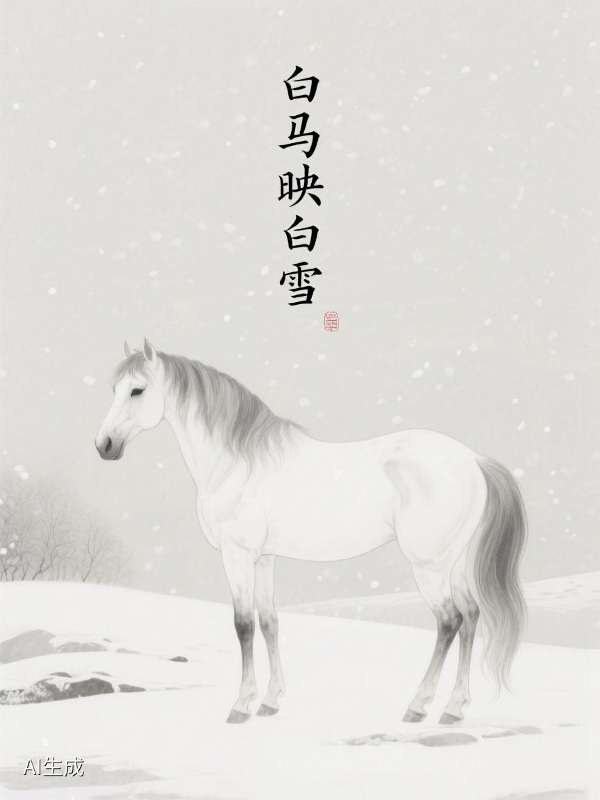 AI妙生图“白马映白雪”，该是怎样的画面呢？白马奔腾于皑皑白雪间，灵动又静谧，似