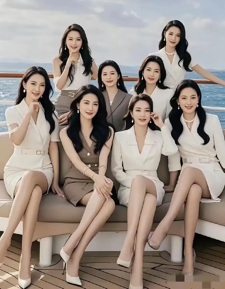 8位女同事姐妹海边旅游同框合影，你第一眼看到了谁？
仔细看她们个个五官精致耐看，