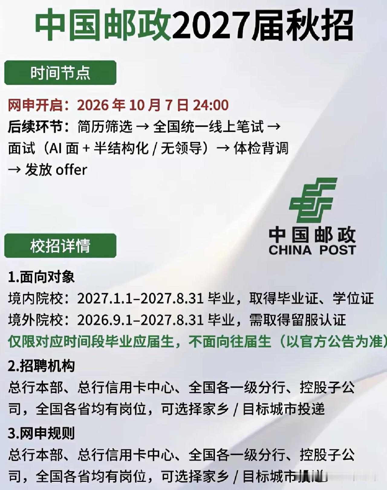 同学们，中国邮政2027届秋招的号角已经吹响，这可是咱们眼下最值得关注的大厂机会