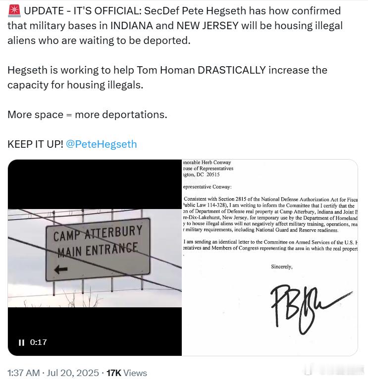 美国防长皮特·海格斯确认，印第安纳州和新泽西州的军事基地将用于收容等待被驱逐出境