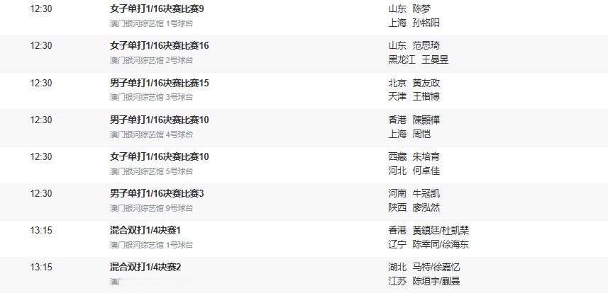 2025年全运会乒乓球第五比赛日，中午成年组比赛对阵12:30 女单1/16 1