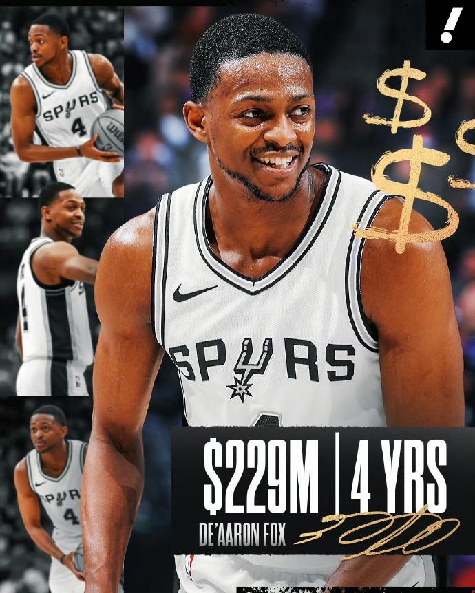 NBA：福克斯顶薪续约马刺
Shams：马刺4年2.29亿美元续约福克斯！！从交