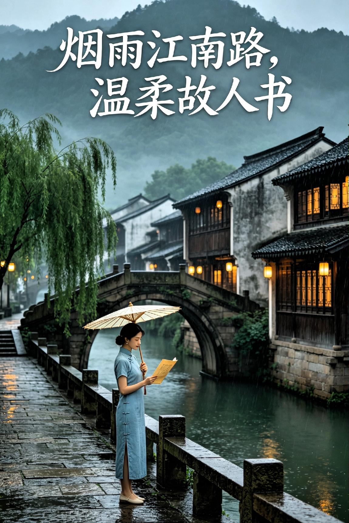 《烟雨江南路，温柔故人书》

 
烟雨横江漫野途，垂杨拂岸影轻舒。

孤舟漾水波