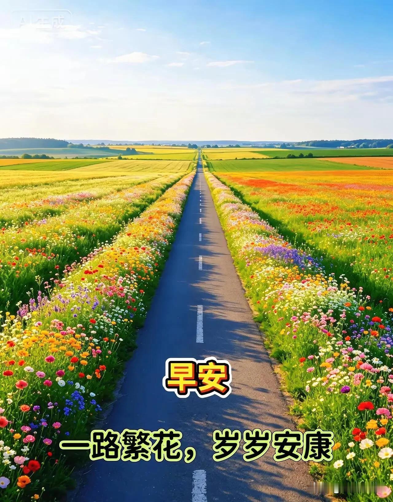 前路繁花相伴，晨光送来祝愿。早安，愿一路顺遂，岁岁安康。