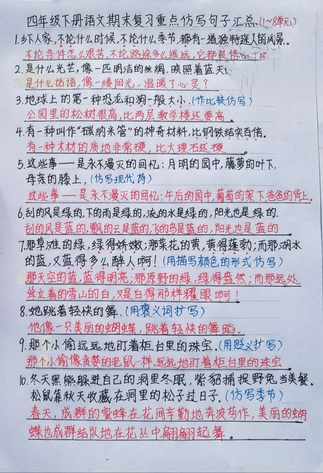 四年级下册语文期末复习重点仿写句子汇总《1-8单元》