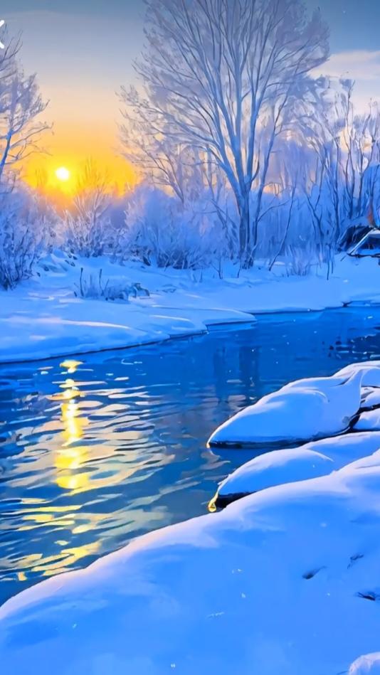 分享一张雪景图 雪岸冰河铺玉镜，朝晖穿树染金波