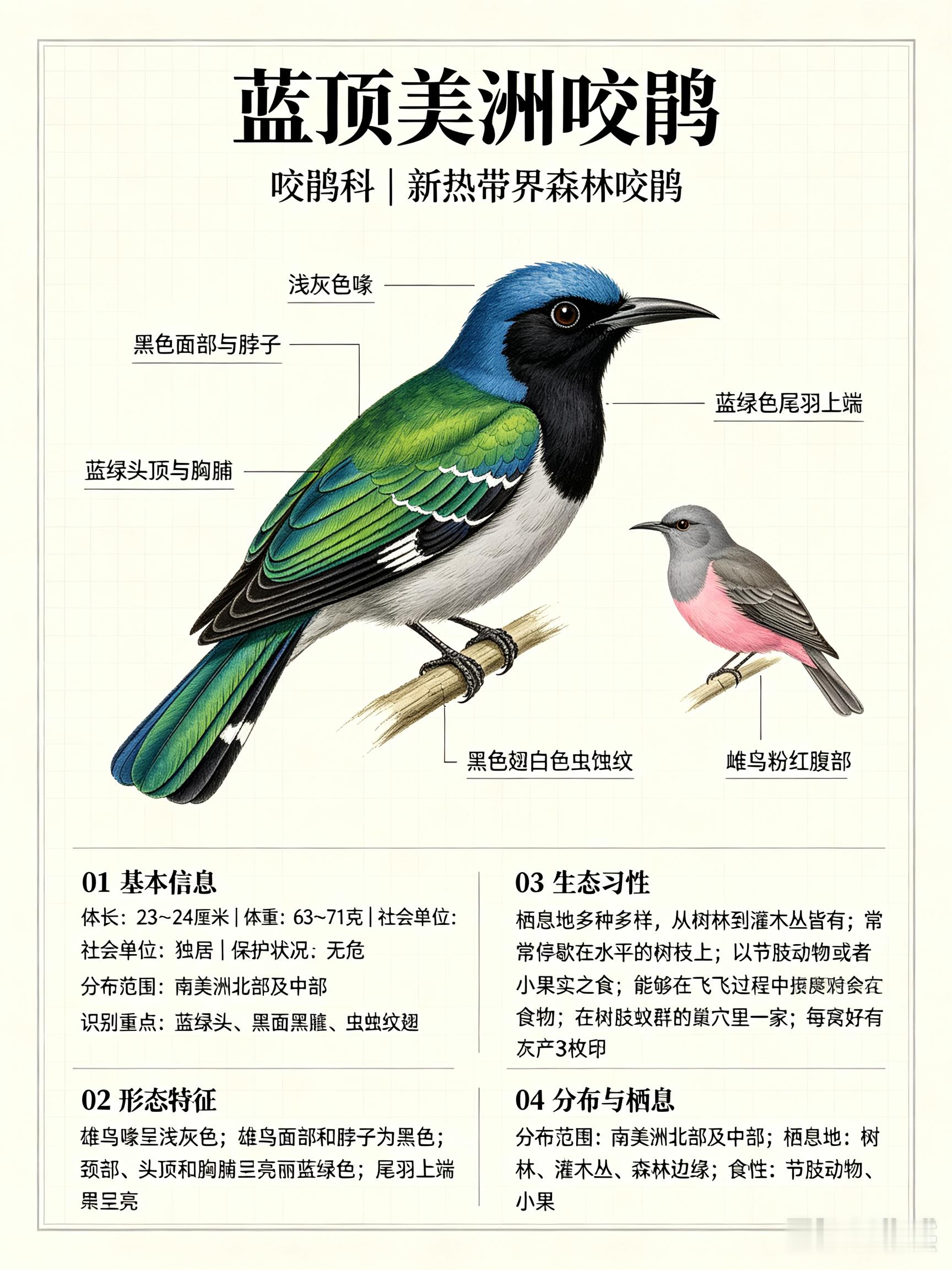 鸟类朋友图鉴 蓝顶美洲咬鹃体长：23~24 厘米体重：63~71 克社会单位：独