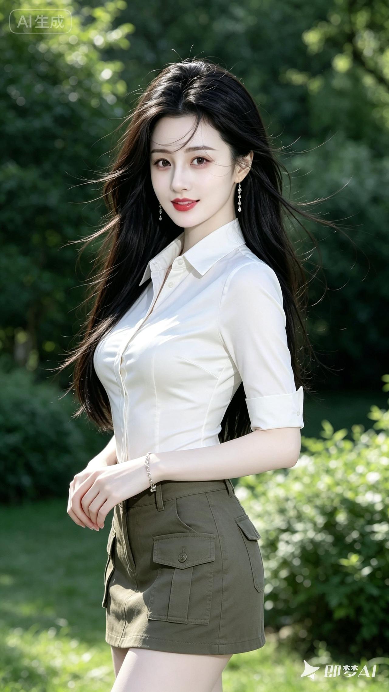 清新自然，白衬衫与绿裙的完美搭配，夏日里的清新少女