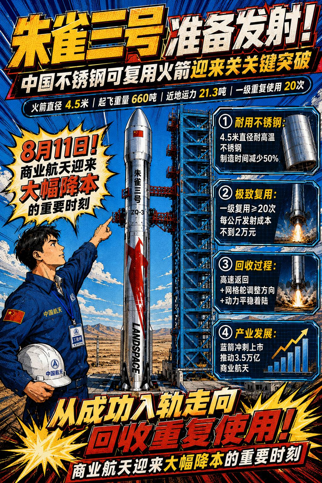朱雀三号遥二大型液氧甲烷运载火箭进入发射准备阶段，这枚直径达到 4.5米 且起飞