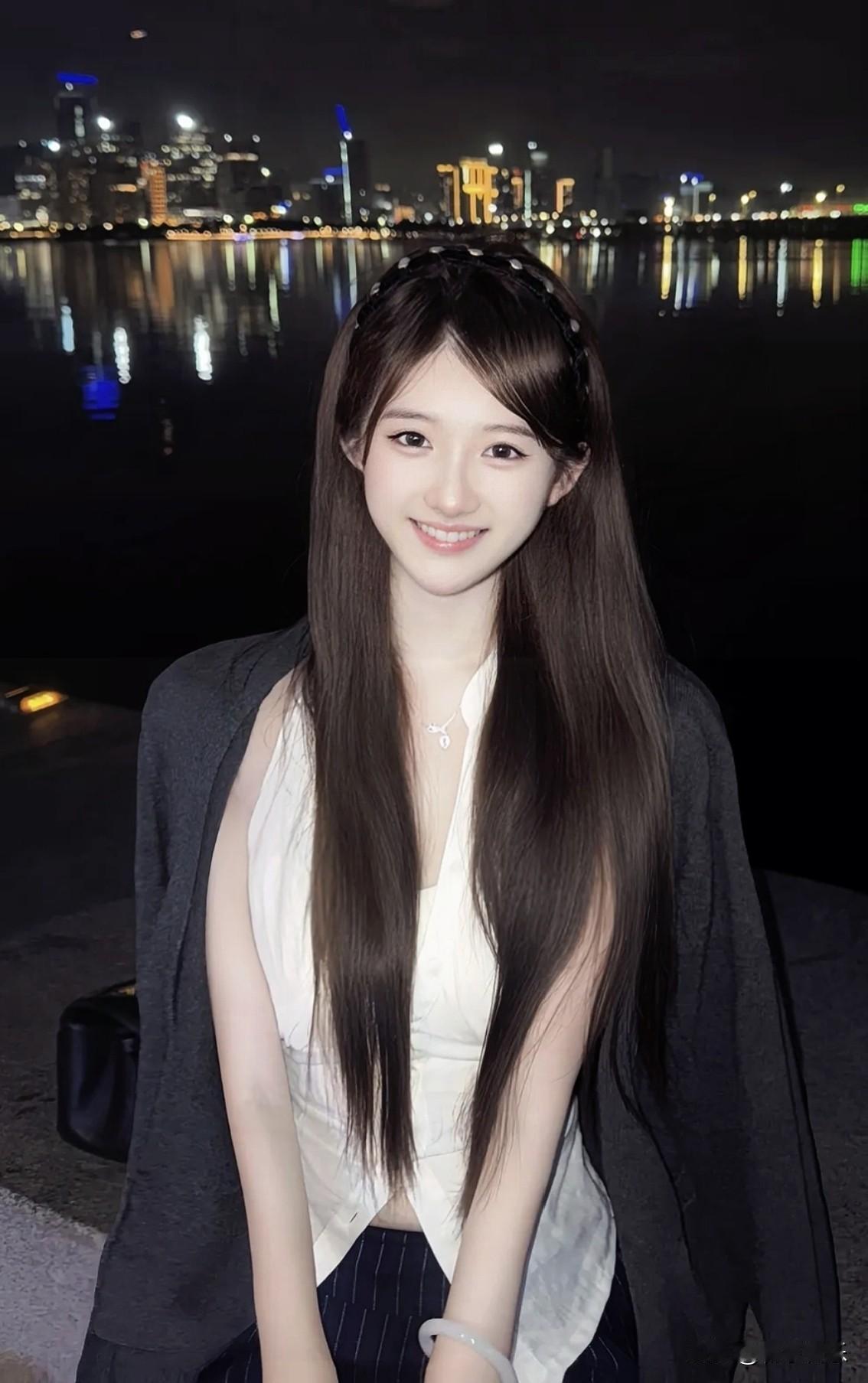 夜河畔甜妹出没！笑容晃眼，灯影沉进水里，浪漫因子疯狂冒泡✨。甜妹夜景拍照 今日分