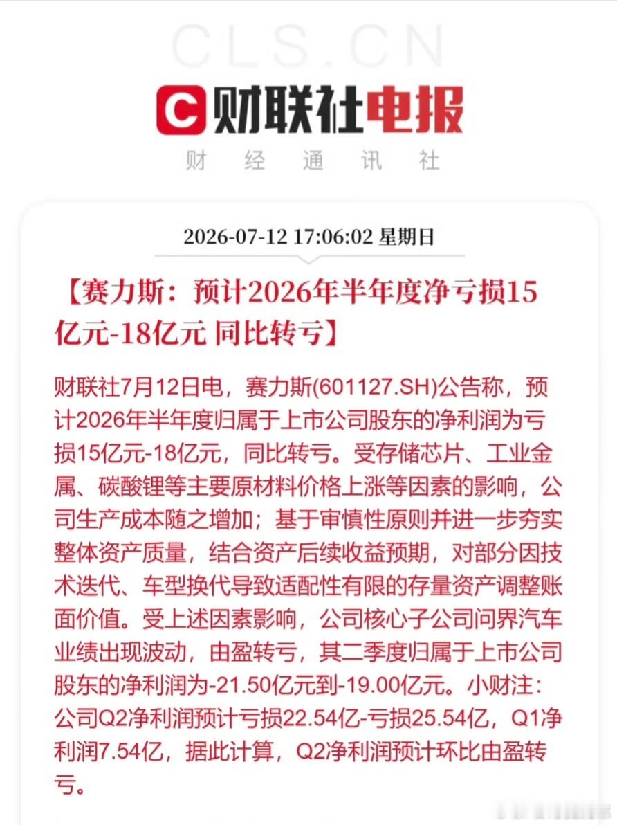 赛力斯预计半年净亏损15至18亿元从盈转亏了，成本上涨太高了 
