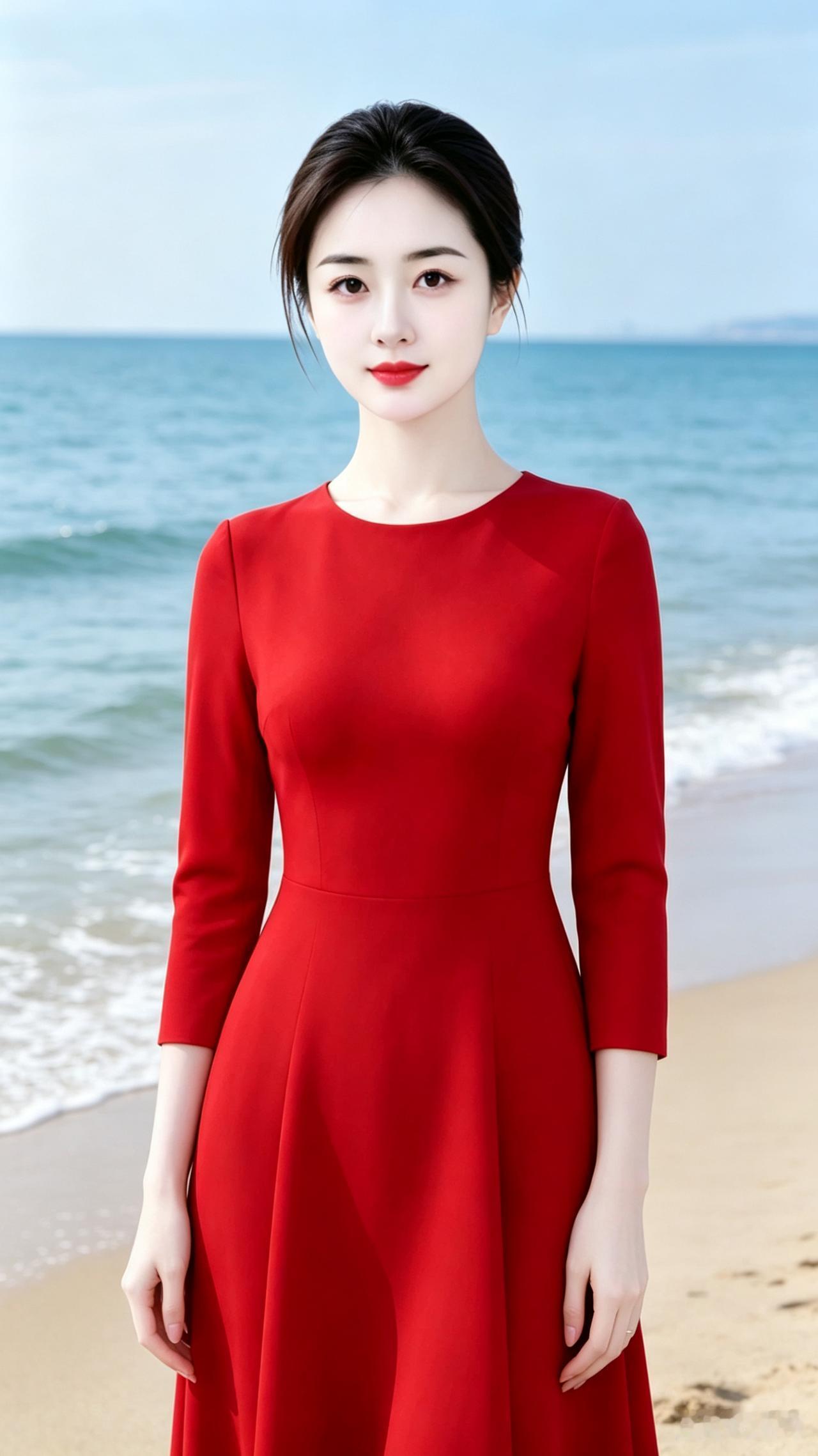 海边红衣佳人
红衣少女立海边，
碧海蓝天映丽颜。
眉眼盈盈藏笑意，
海风袅袅拂裙