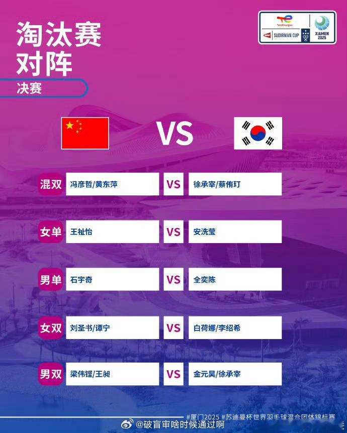 💪第十四冠冲击苏杯中国vs韩国对阵公布 📍【2025苏迪曼杯】决赛⏰今天14