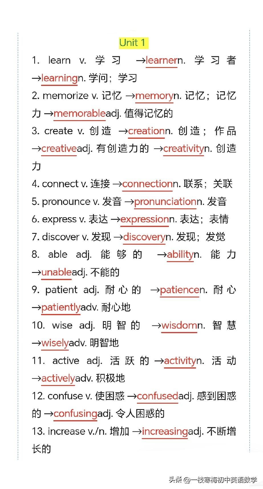 暑假预习 | 九年级英语Unit1-14重点单词词性转换！