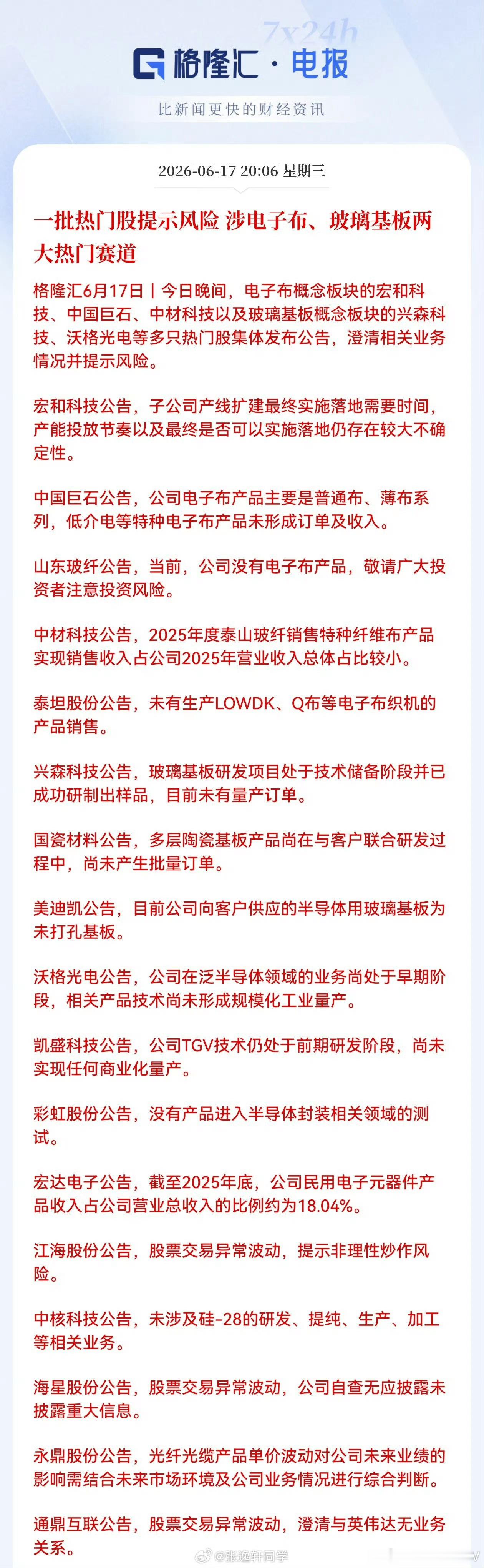 长盈通关小黑屋后，一批热门股提示风险！涉电子布、玻璃基板两大热门赛道…继续降温信
