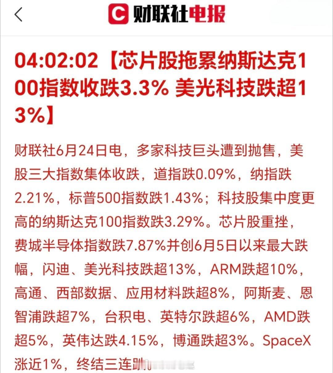 凌晨5:35被消息震醒：美股三大股指全线收跌，纳指重挫近580点，科技股承压。A